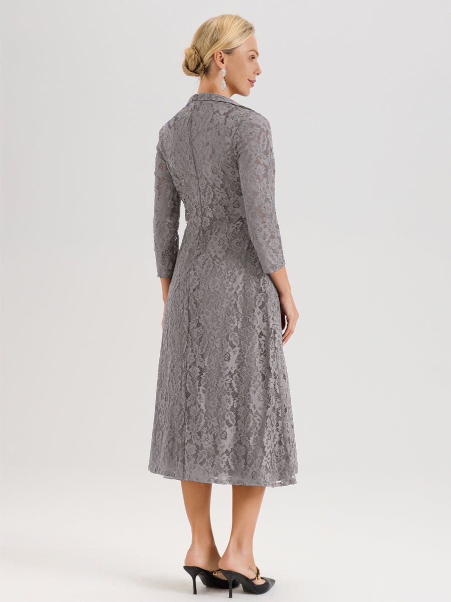 Cicinia Argent Ensemble 2 Pièces Élégant Pour Mère De La Mariée Mi-Longue À Décolleté En V En Mousseline Et Dentelle