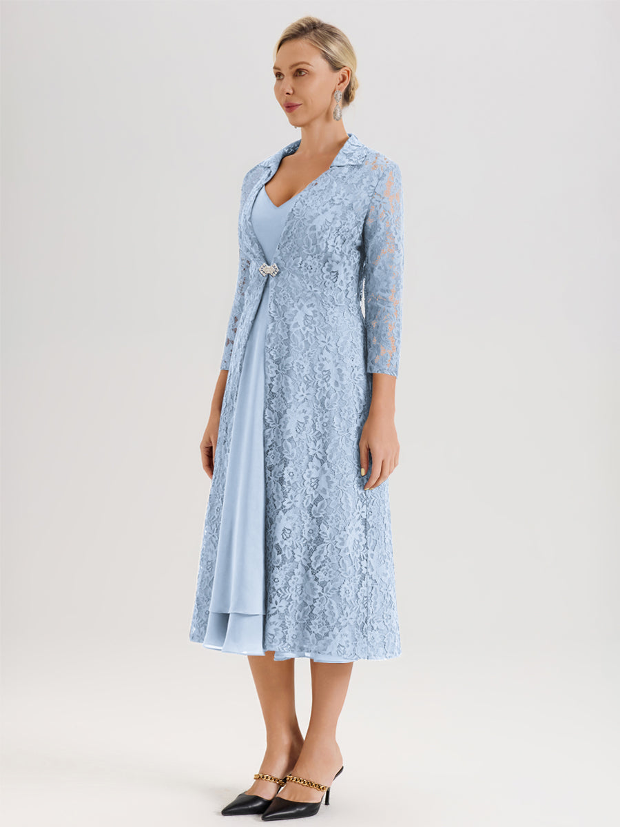 Cicinia Bleu Ciel Ensemble 2 Pièces Élégant Pour Mère De La Mariée Mi-Longue À Décolleté En V En Mousseline Et Dentelle