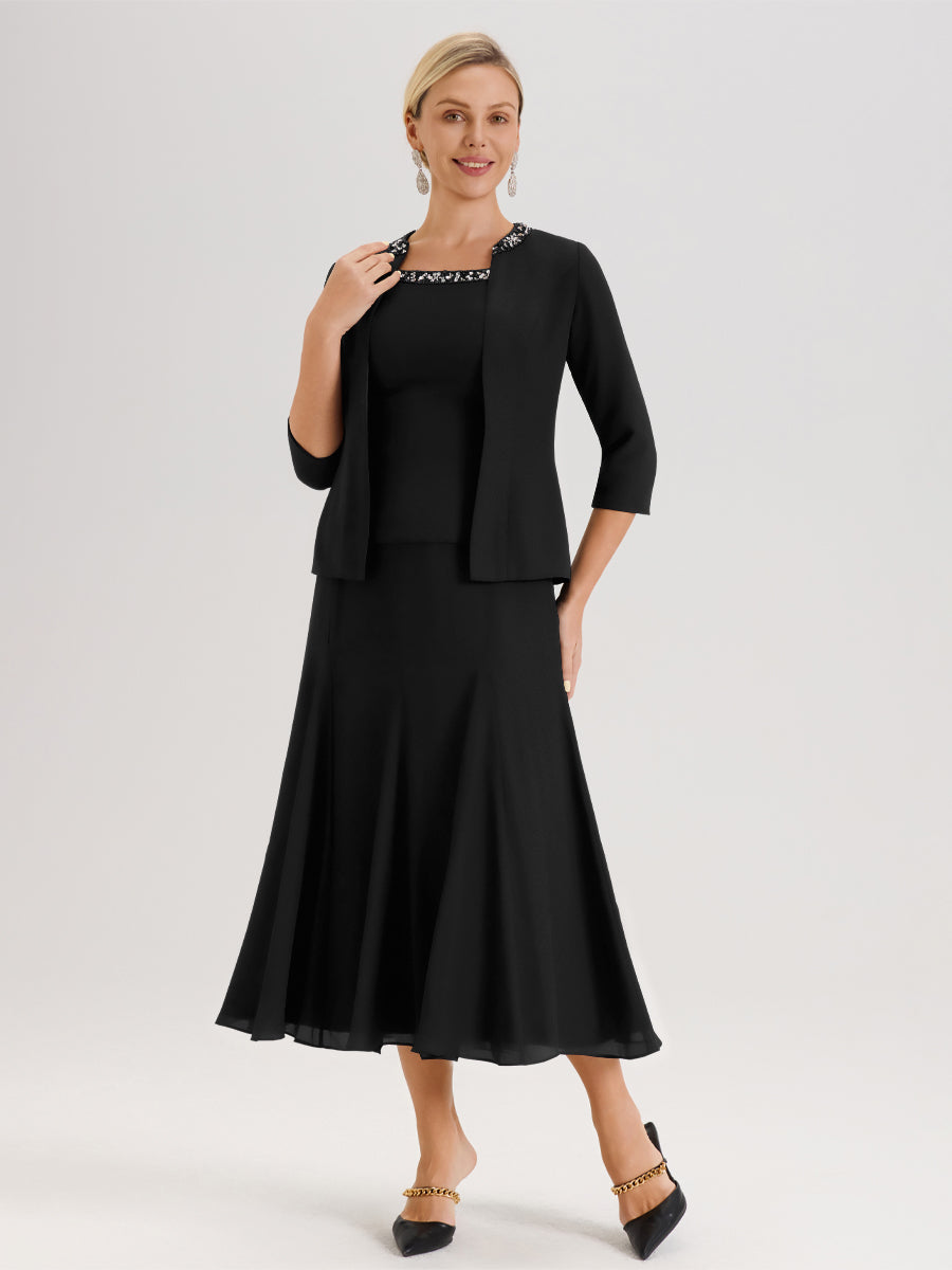 Cicinia Noir Ensemble 3 Pièces Robe Mère De La Mariée Mi-Long À Col Carré Et Manches Trois-Quarts En Mousseline