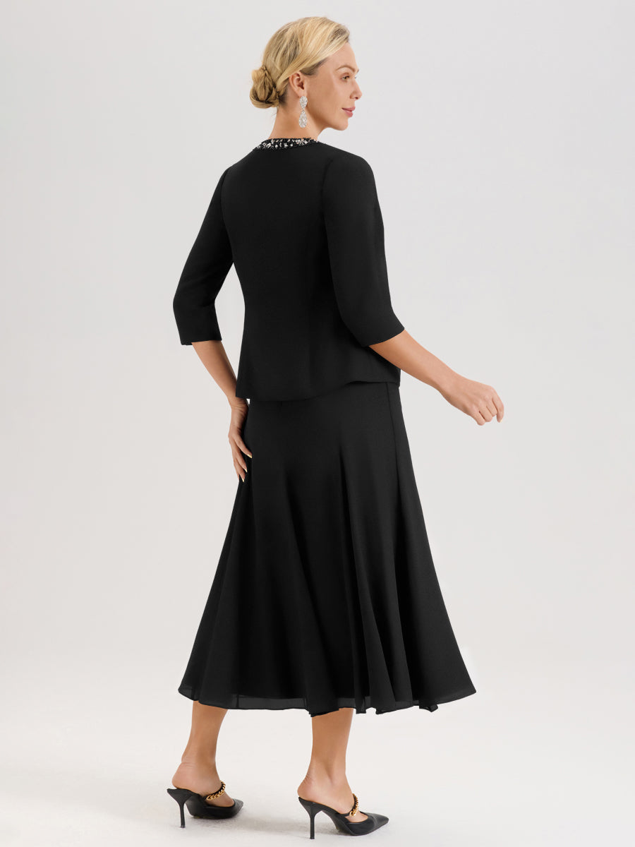 Cicinia Noir Ensemble 3 Pièces Robe Mère De La Mariée Mi-Long À Col Carré Et Manches Trois-Quarts En Mousseline