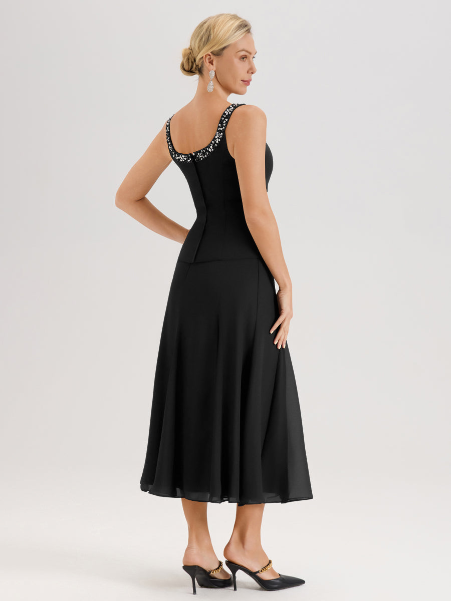 Cicinia Noir Ensemble 3 Pièces Robe Mère De La Mariée Mi-Long À Col Carré Et Manches Trois-Quarts En Mousseline