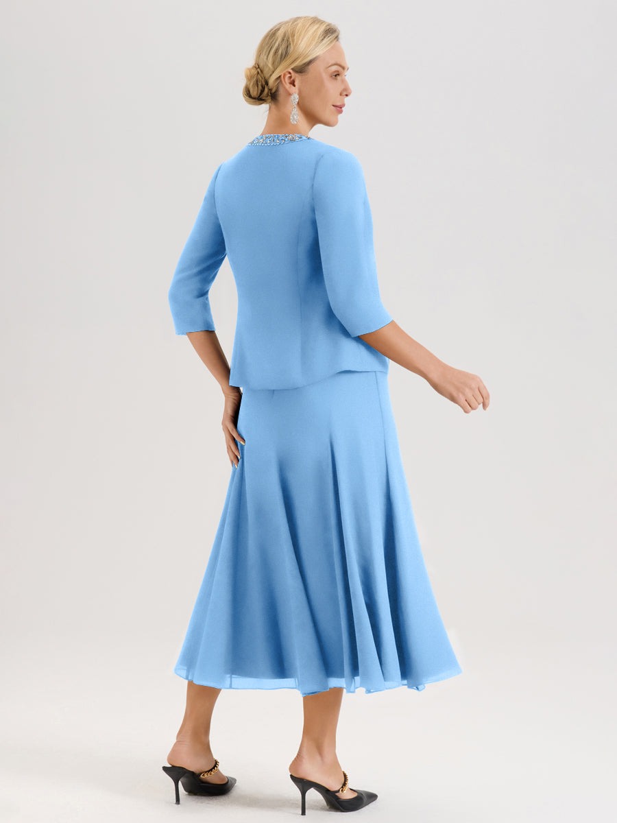 Cicinia Bleu Ensemble 3 Pièces Robe Mère De La Mariée Mi-Long À Col Carré Et Manches Trois-Quarts En Mousseline