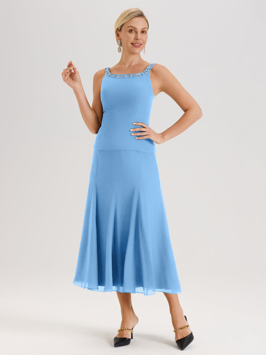 Cicinia Bleu Ensemble 3 Pièces Robe Mère De La Mariée Mi-Long À Col Carré Et Manches Trois-Quarts En Mousseline