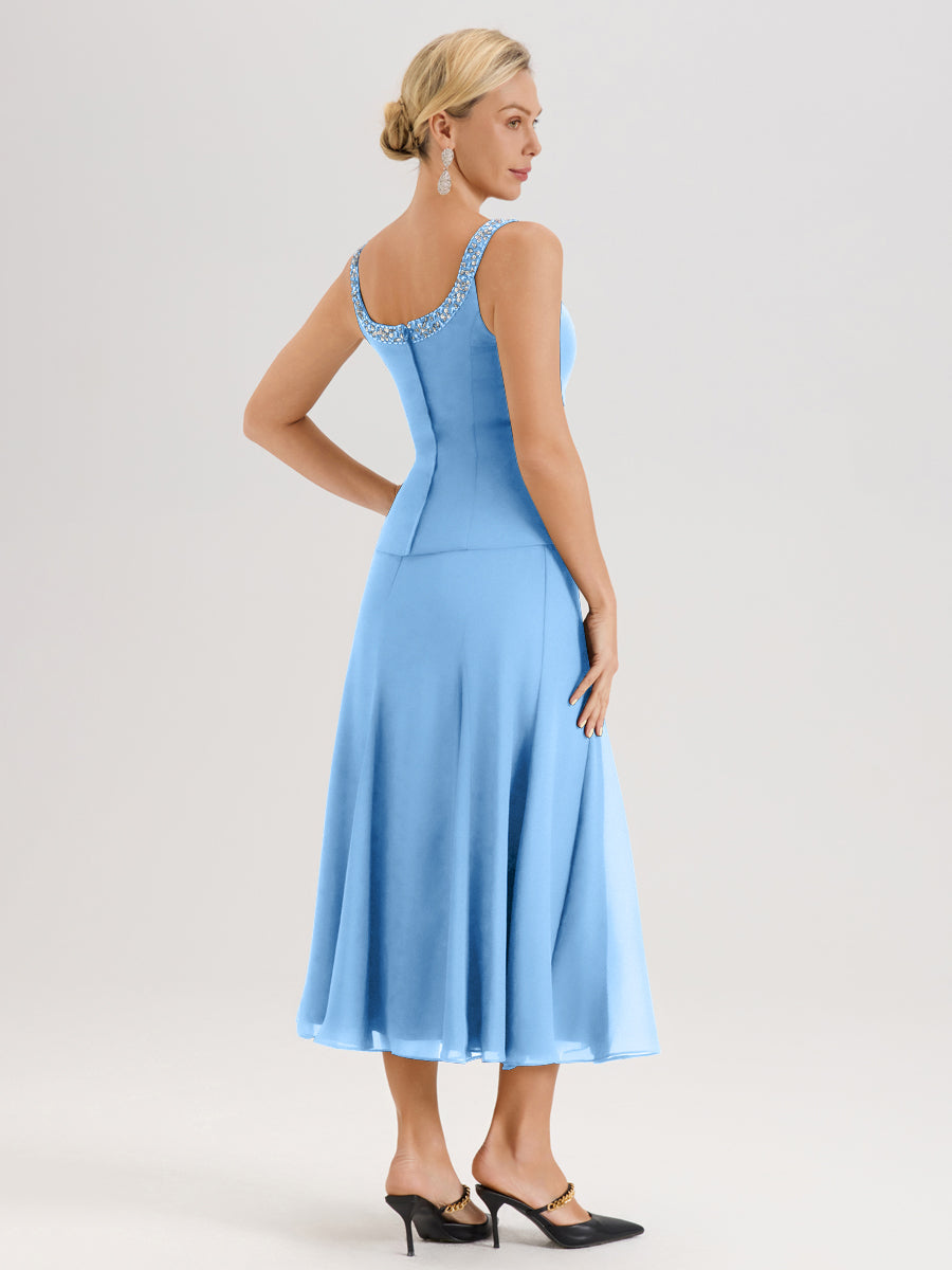 Cicinia Bleu Ensemble 3 Pièces Robe Mère De La Mariée Mi-Long À Col Carré Et Manches Trois-Quarts En Mousseline