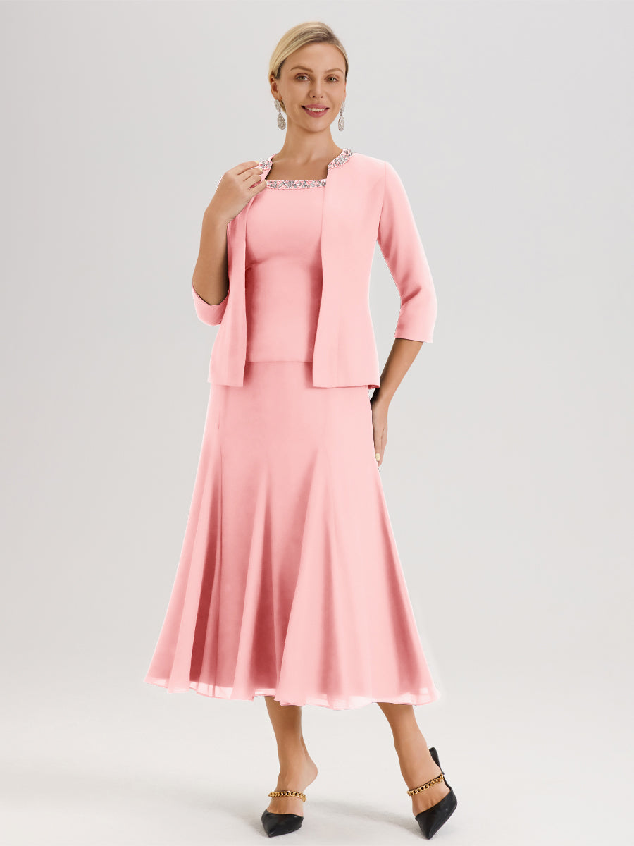 Cicinia Rose Ensemble 3 Pièces Robe Mère De La Mariée Mi-Long À Col Carré Et Manches Trois-Quarts En Mousseline