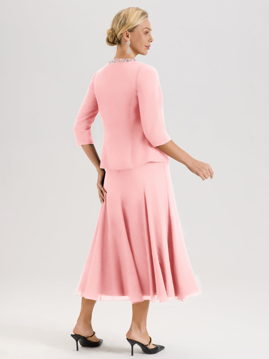 Cicinia Rose Ensemble 3 Pièces Robe Mère De La Mariée Mi-Long À Col Carré Et Manches Trois-Quarts En Mousseline