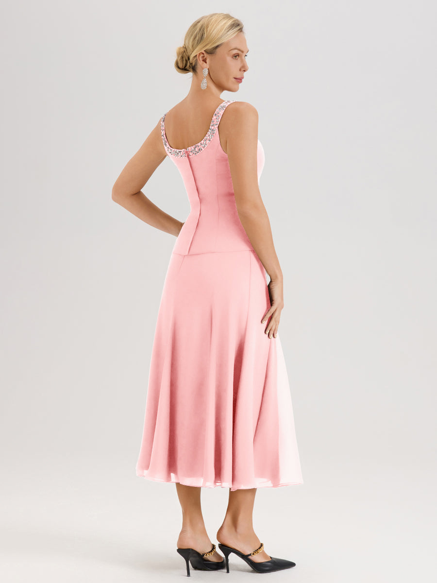 Cicinia Rose Ensemble 3 Pièces Robe Mère De La Mariée Mi-Long À Col Carré Et Manches Trois-Quarts En Mousseline