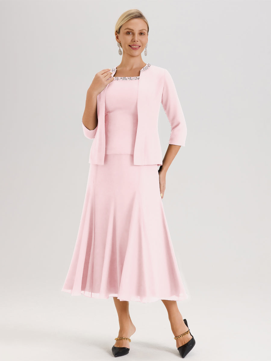 Cicinia Rose Pâle Ensemble 3 Pièces Robe Mère De La Mariée Mi-Long À Col Carré Et Manches Trois-Quarts En Mousseline