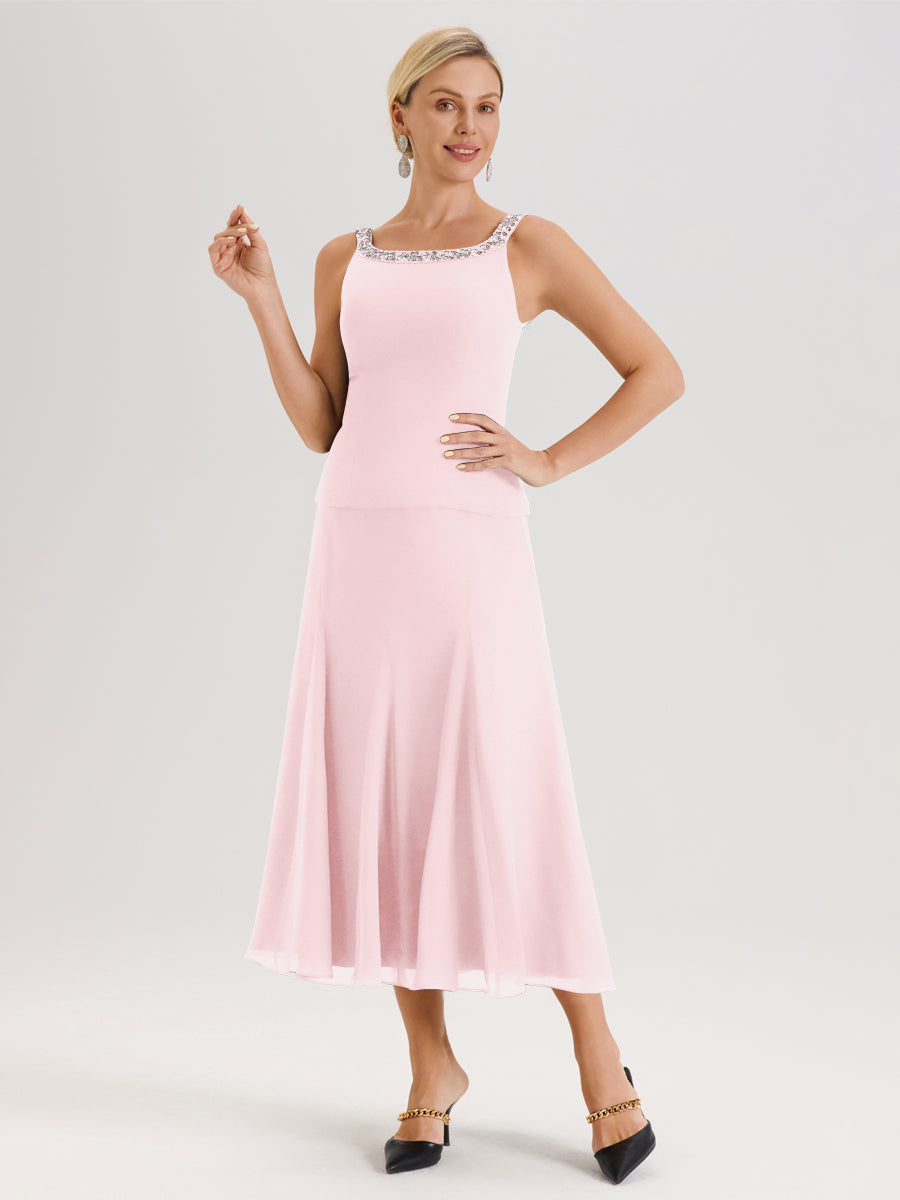 Cicinia Rose Pâle Ensemble 3 Pièces Robe Mère De La Mariée Mi-Long À Col Carré Et Manches Trois-Quarts En Mousseline