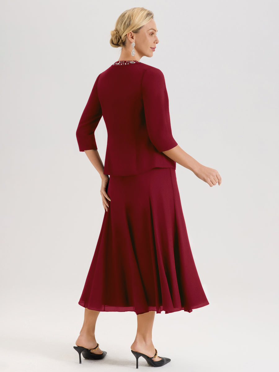 Cicinia Bordeaux Ensemble 3 Pièces Robe Mère De La Mariée Mi-Long À Col Carré Et Manches Trois-Quarts En Mousseline