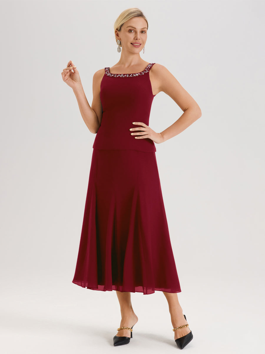 Cicinia Bordeaux Ensemble 3 Pièces Robe Mère De La Mariée Mi-Long À Col Carré Et Manches Trois-Quarts En Mousseline
