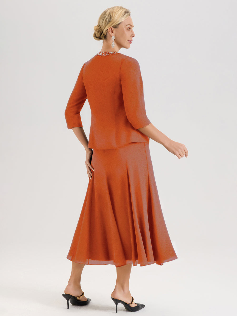 Cicinia Orange Brûlé Ensemble 3 Pièces Robe Mère De La Mariée Mi-Long À Col Carré Et Manches Trois-Quarts En Mousseline