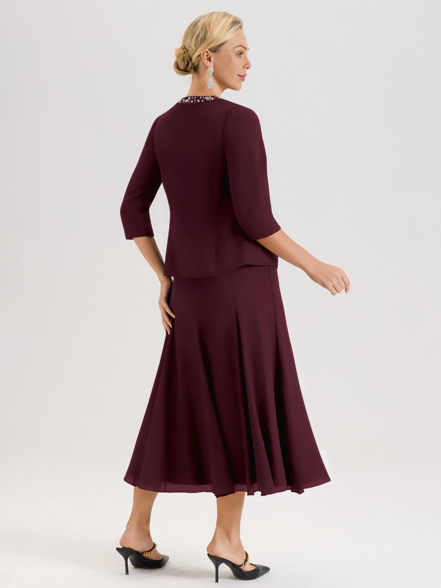 Cicinia Cabernet Ensemble 3 Pièces Robe Mère De La Mariée Mi-Long À Col Carré Et Manches Trois-Quarts En Mousseline