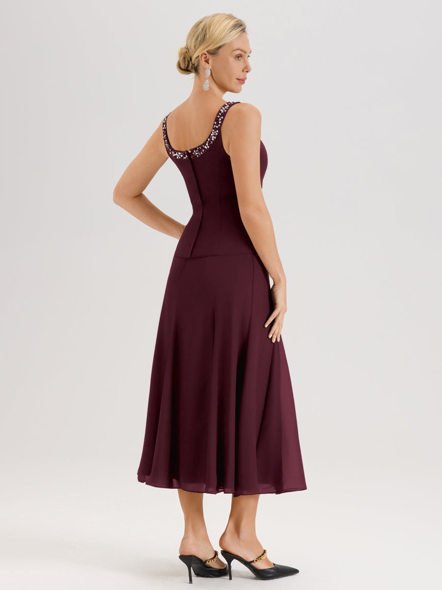 Cicinia Cabernet Ensemble 3 Pièces Robe Mère De La Mariée Mi-Long À Col Carré Et Manches Trois-Quarts En Mousseline