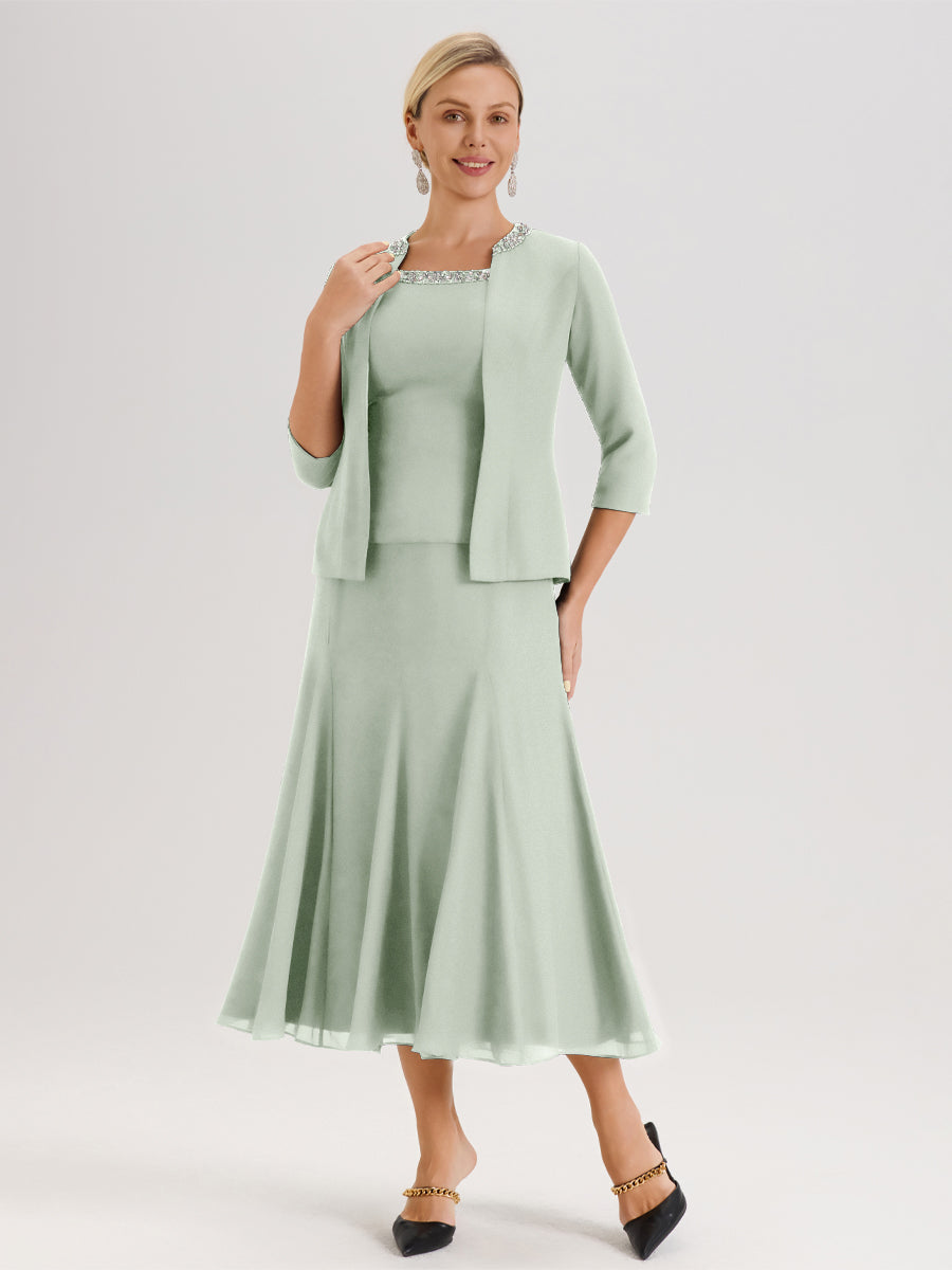 Cicinia Celadon Ensemble 3 Pièces Robe Mère De La Mariée Mi-Long À Col Carré Et Manches Trois-Quarts En Mousseline