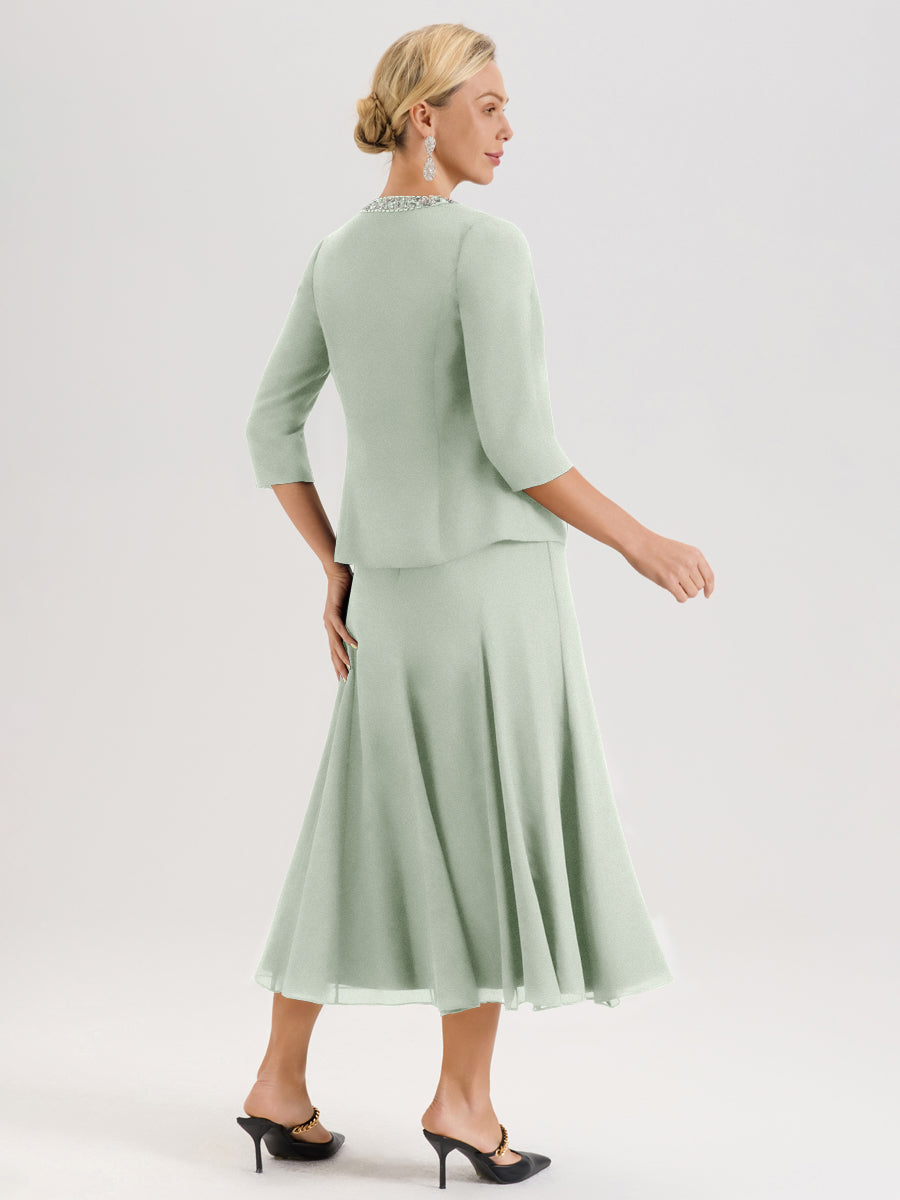 Cicinia Celadon Ensemble 3 Pièces Robe Mère De La Mariée Mi-Long À Col Carré Et Manches Trois-Quarts En Mousseline