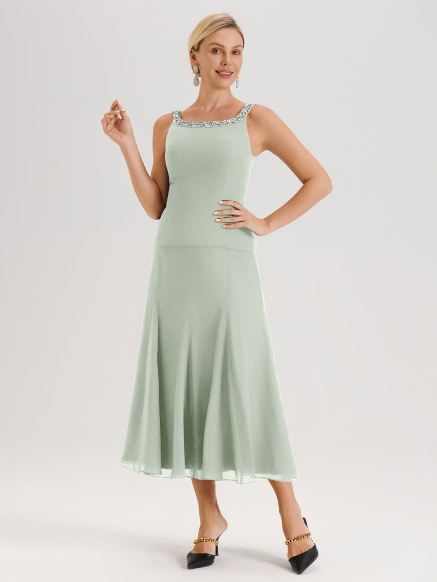 Cicinia Celadon Ensemble 3 Pièces Robe Mère De La Mariée Mi-Long À Col Carré Et Manches Trois-Quarts En Mousseline
