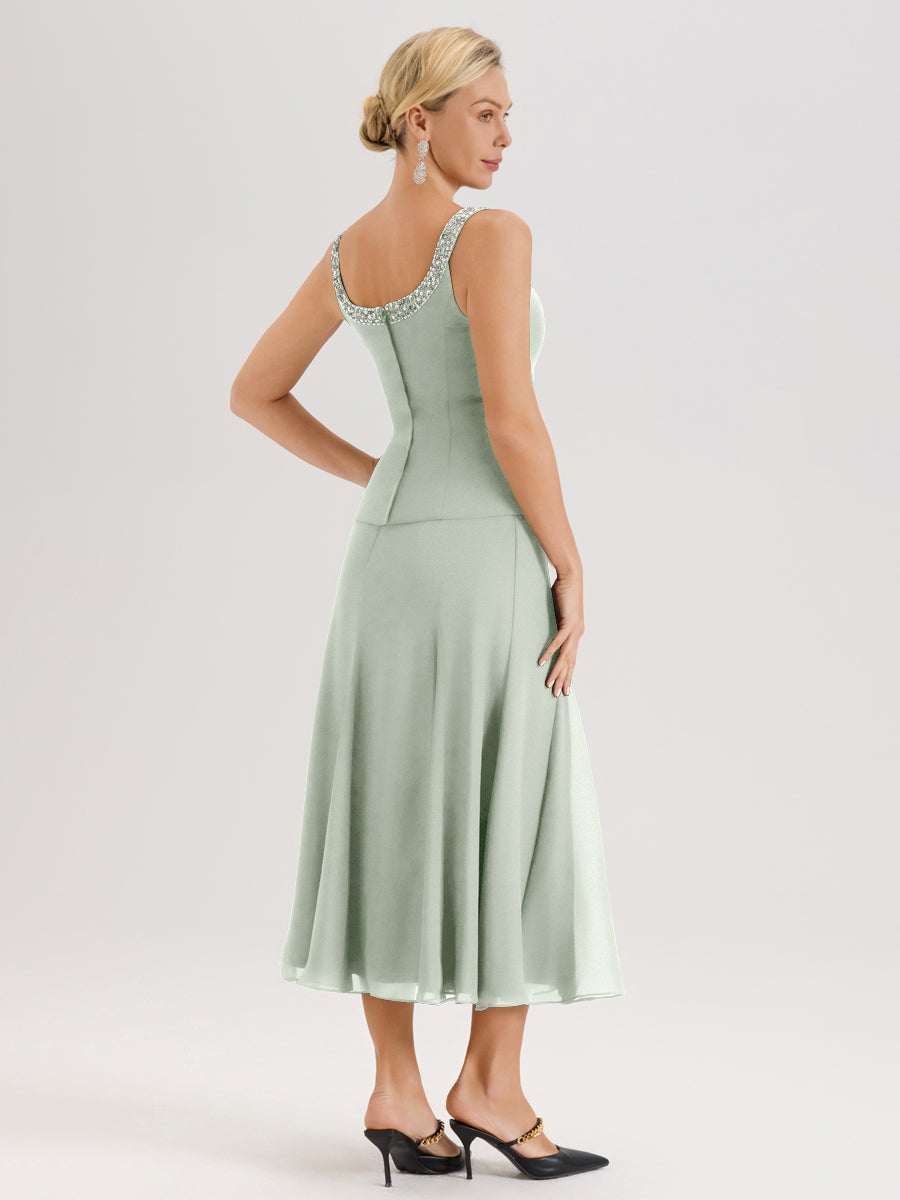 Cicinia Celadon Ensemble 3 Pièces Robe Mère De La Mariée Mi-Long À Col Carré Et Manches Trois-Quarts En Mousseline