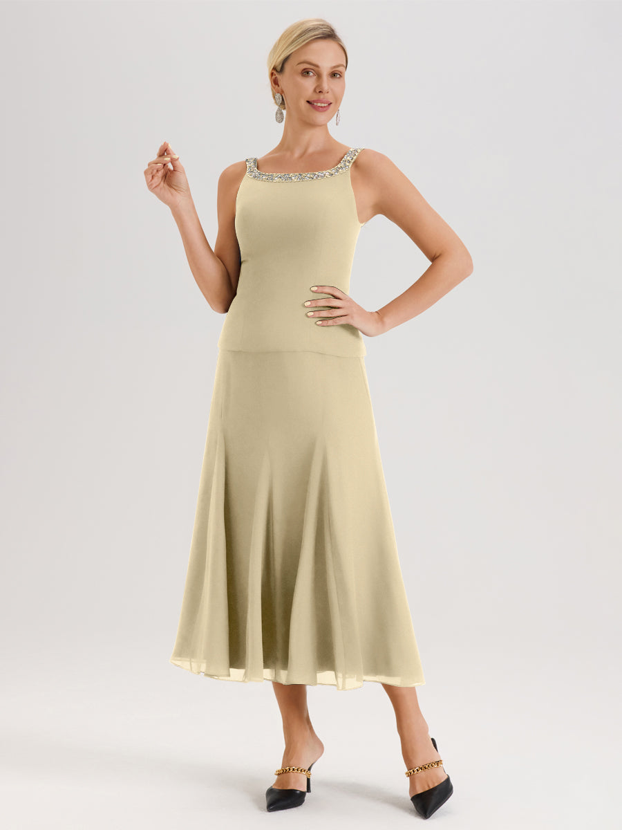 Cicinia Champagne Ensemble 3 Pièces Robe Mère De La Mariée Mi-Long À Col Carré Et Manches Trois-Quarts En Mousseline