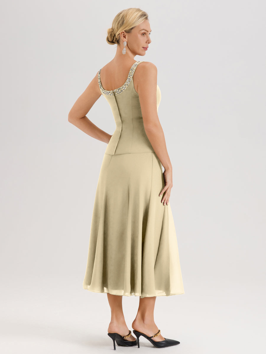 Cicinia Champagne Ensemble 3 Pièces Robe Mère De La Mariée Mi-Long À Col Carré Et Manches Trois-Quarts En Mousseline