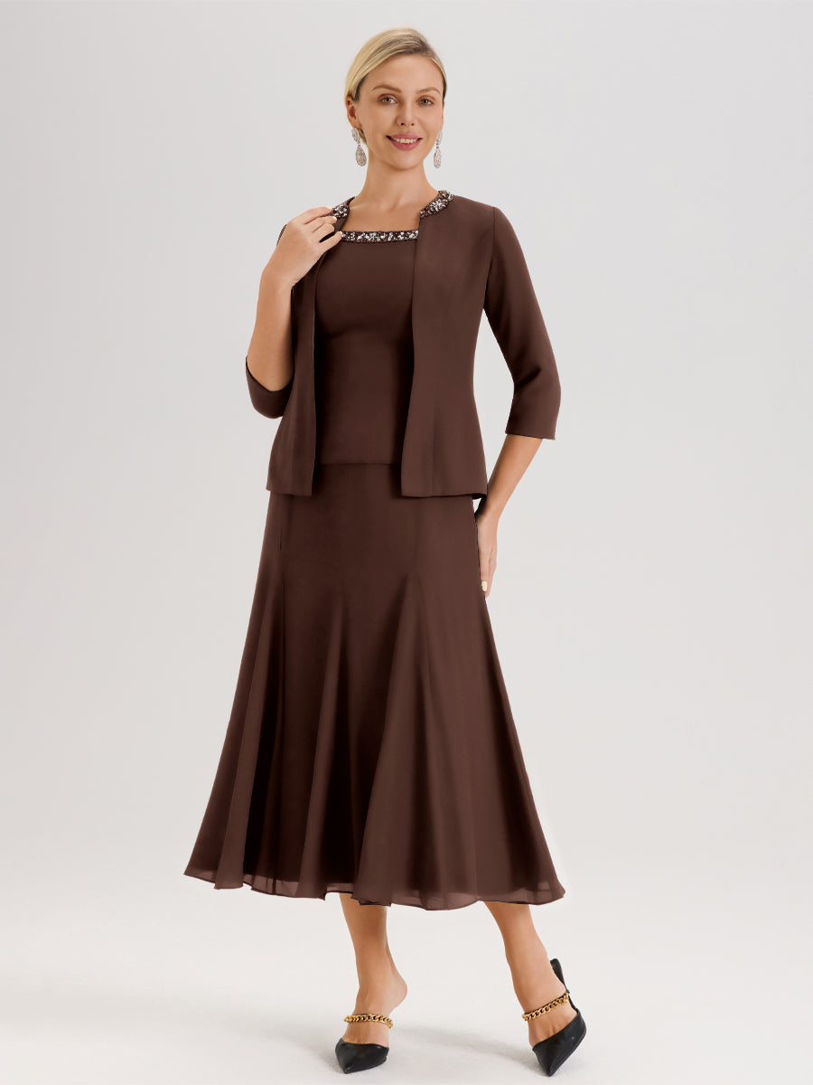 Cicinia Chocolat Ensemble 3 Pièces Robe Mère De La Mariée Mi-Long À Col Carré Et Manches Trois-Quarts En Mousseline