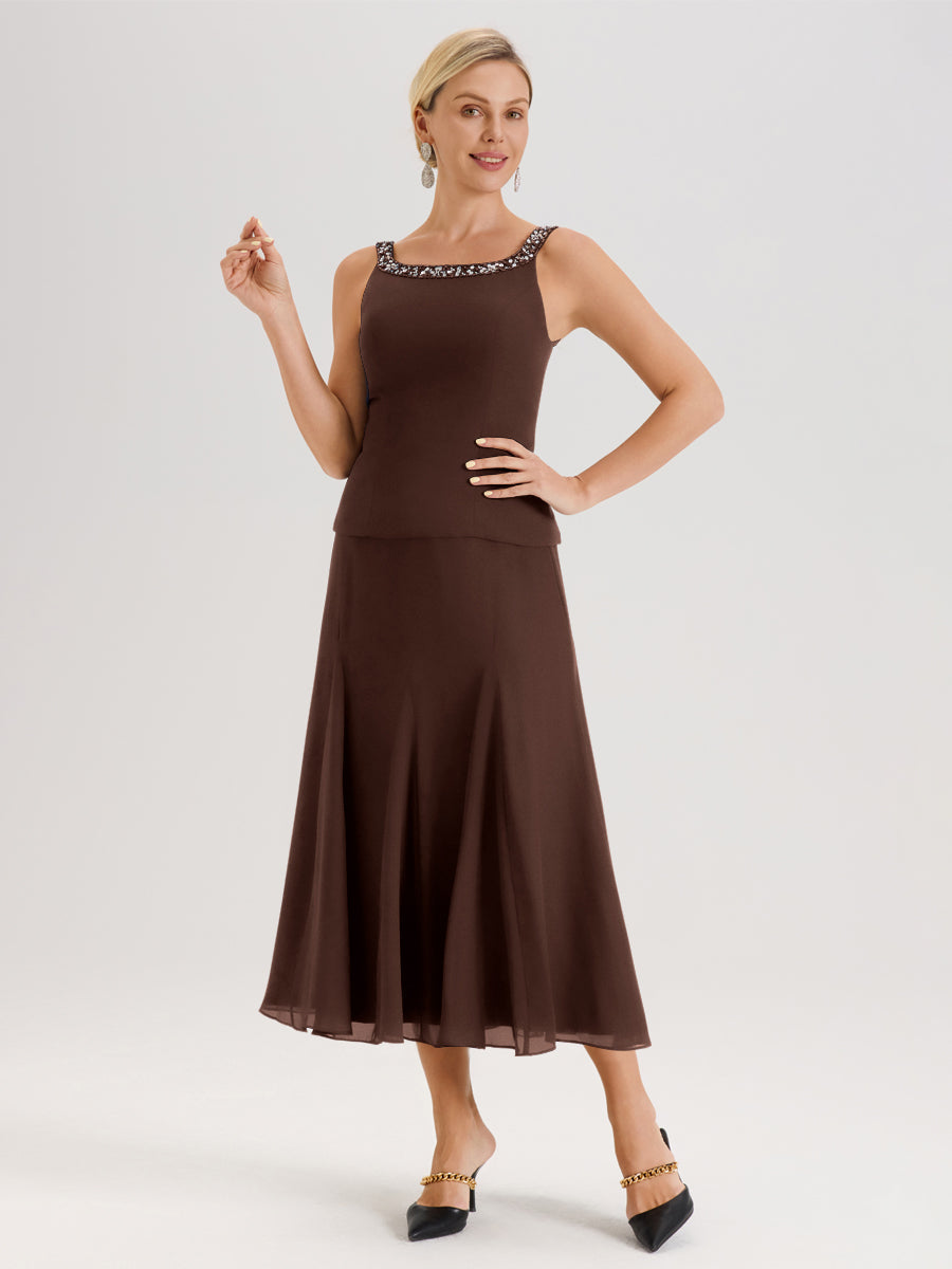 Cicinia Chocolat Ensemble 3 Pièces Robe Mère De La Mariée Mi-Long À Col Carré Et Manches Trois-Quarts En Mousseline