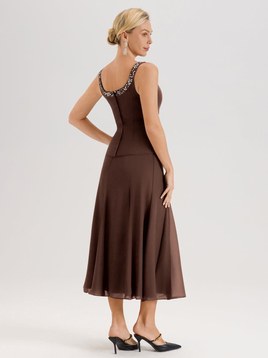 Cicinia Chocolat Ensemble 3 Pièces Robe Mère De La Mariée Mi-Long À Col Carré Et Manches Trois-Quarts En Mousseline