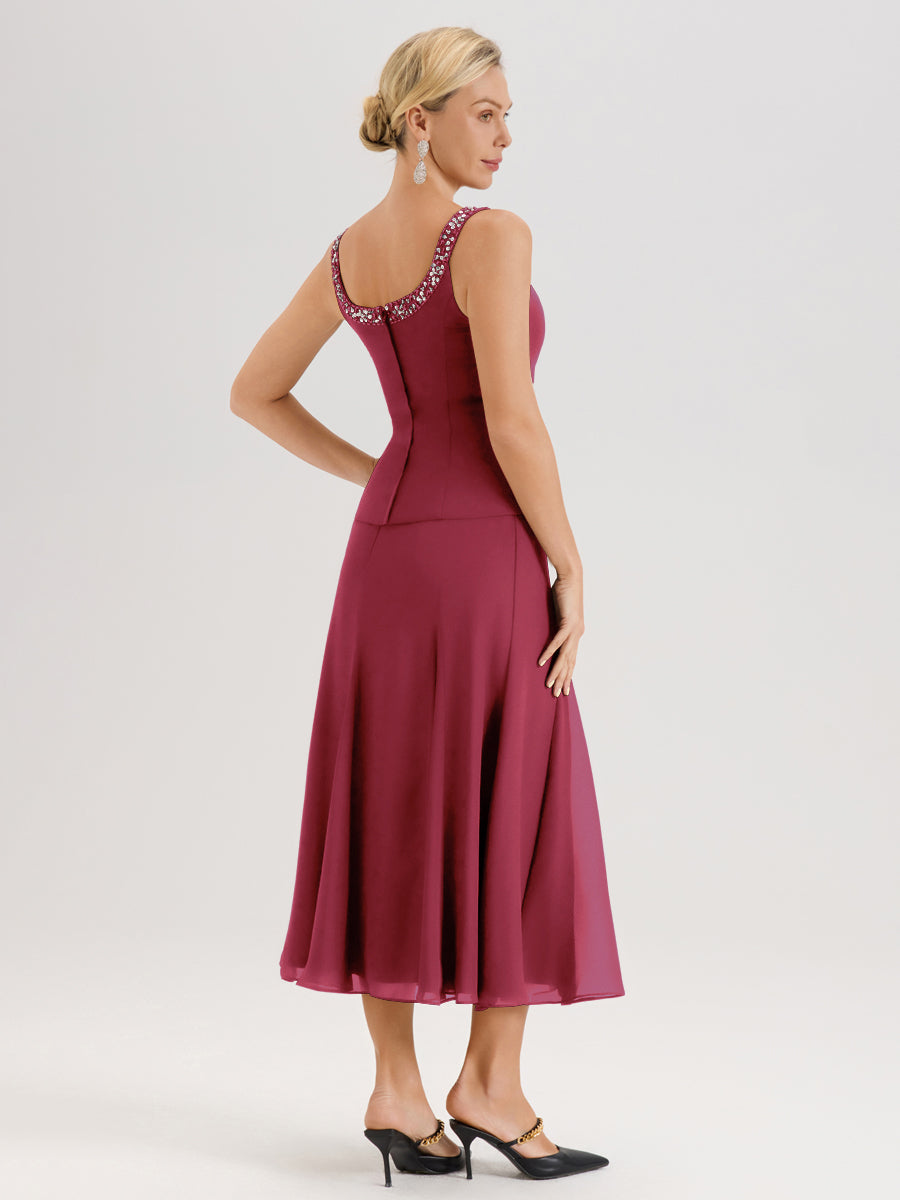 Cicinia Rose Cannelle Ensemble 3 Pièces Robe Mère De La Mariée Mi-Long À Col Carré Et Manches Trois-Quarts En Mousseline