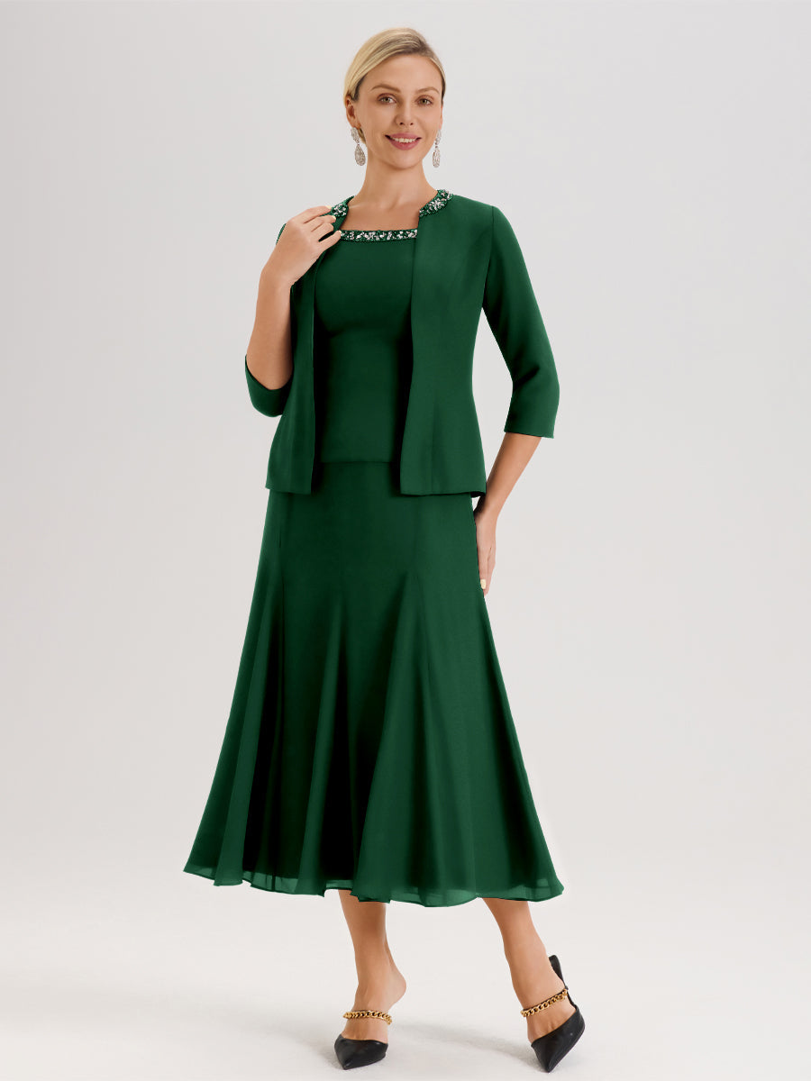 Cicinia Vert Foncé Ensemble 3 Pièces Robe Mère De La Mariée Mi-Long À Col Carré Et Manches Trois-Quarts En Mousseline