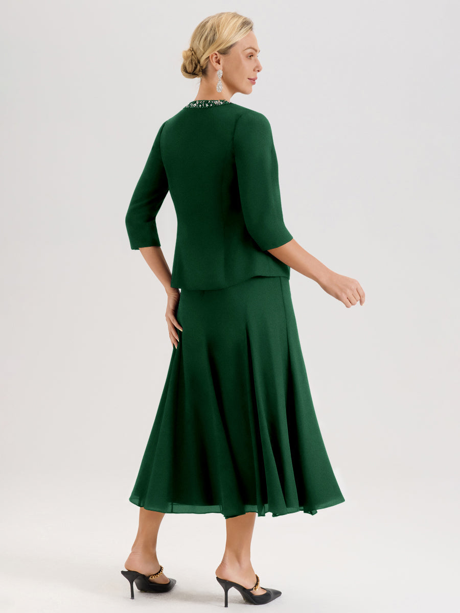 Cicinia Vert Foncé Ensemble 3 Pièces Robe Mère De La Mariée Mi-Long À Col Carré Et Manches Trois-Quarts En Mousseline