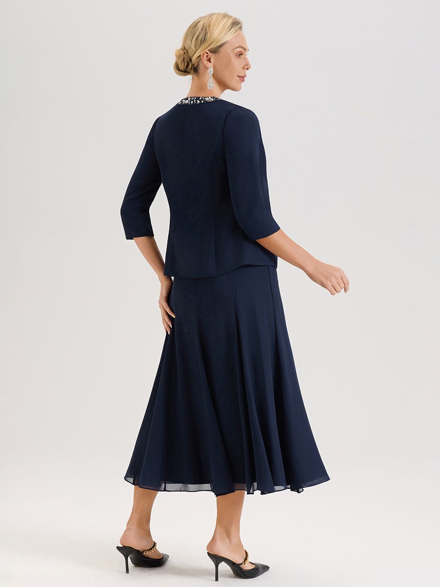 Cicinia Bleu Marine Ensemble 3 Pièces Robe Mère De La Mariée Mi-Long À Col Carré Et Manches Trois-Quarts En Mousseline