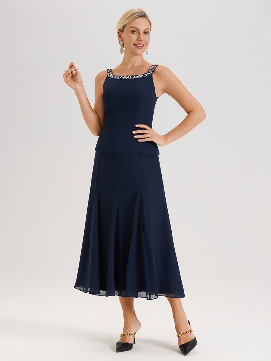 Cicinia Bleu Marine Ensemble 3 Pièces Robe Mère De La Mariée Mi-Long À Col Carré Et Manches Trois-Quarts En Mousseline