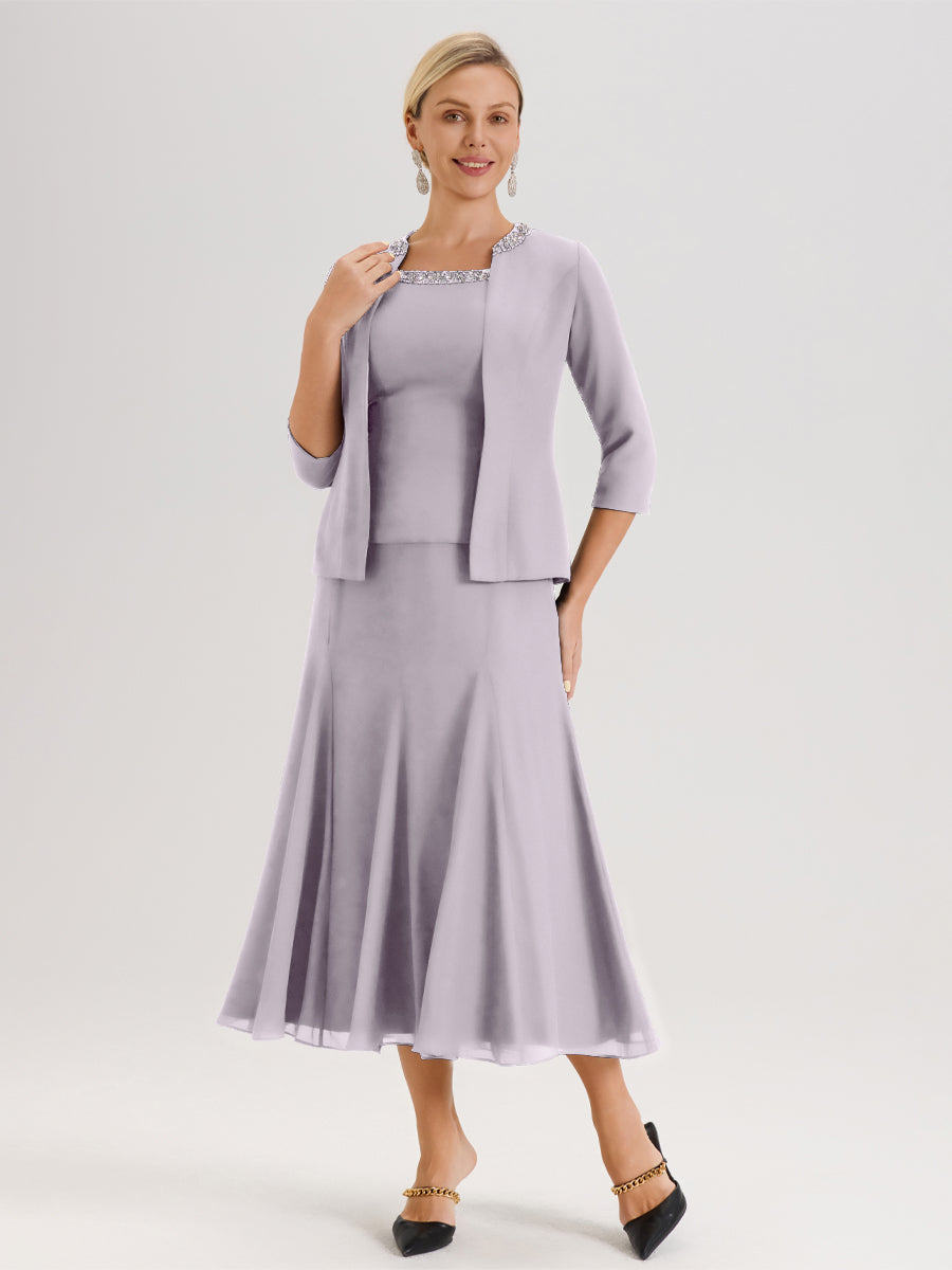 Cicinia Crépuscule Ensemble 3 Pièces Robe Mère De La Mariée Mi-Long À Col Carré Et Manches Trois-Quarts En Mousseline