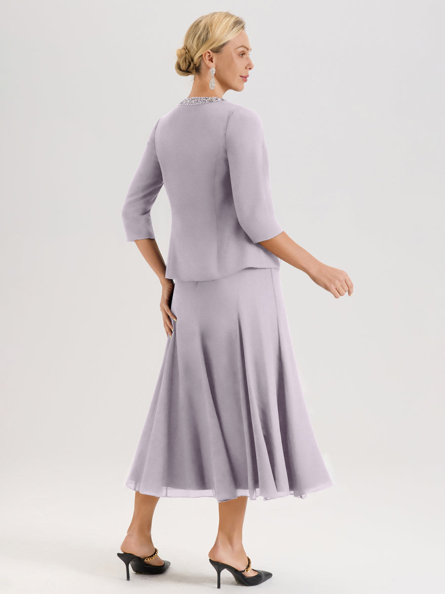 Cicinia Crépuscule Ensemble 3 Pièces Robe Mère De La Mariée Mi-Long À Col Carré Et Manches Trois-Quarts En Mousseline