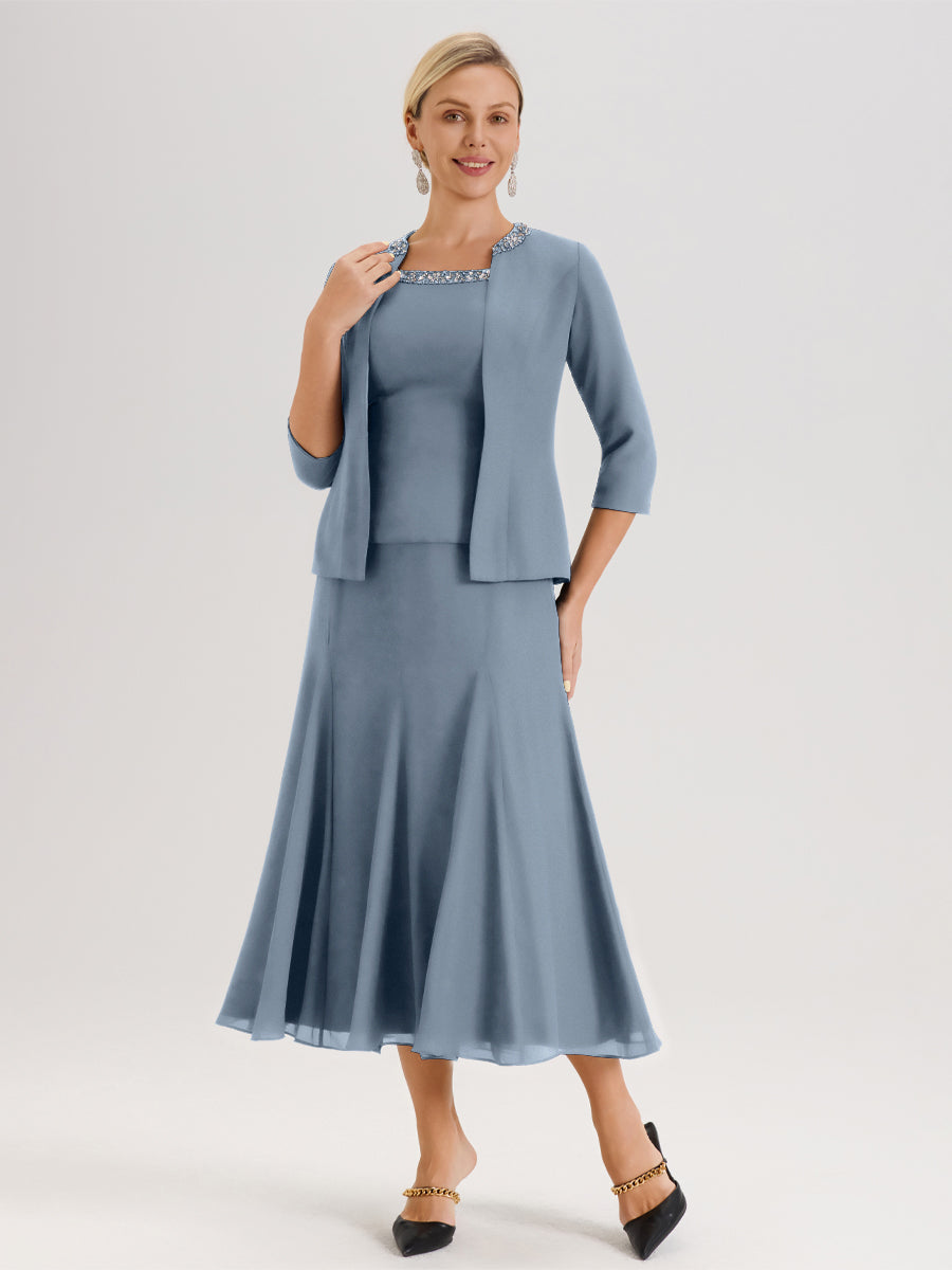 Cicinia Bleu Poudré Ensemble 3 Pièces Robe Mère De La Mariée Mi-Long À Col Carré Et Manches Trois-Quarts En Mousseline