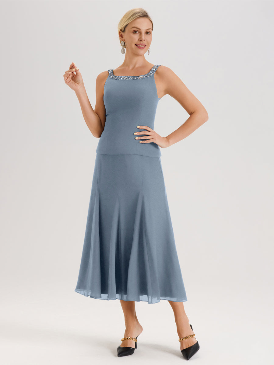 Cicinia Bleu Poudré Ensemble 3 Pièces Robe Mère De La Mariée Mi-Long À Col Carré Et Manches Trois-Quarts En Mousseline