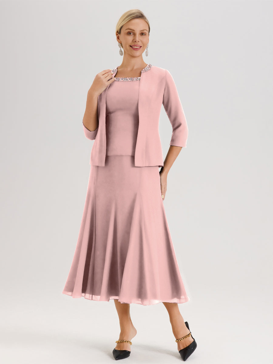 Cicinia Rose Poudré Ensemble 3 Pièces Robe Mère De La Mariée Mi-Long À Col Carré Et Manches Trois-Quarts En Mousseline