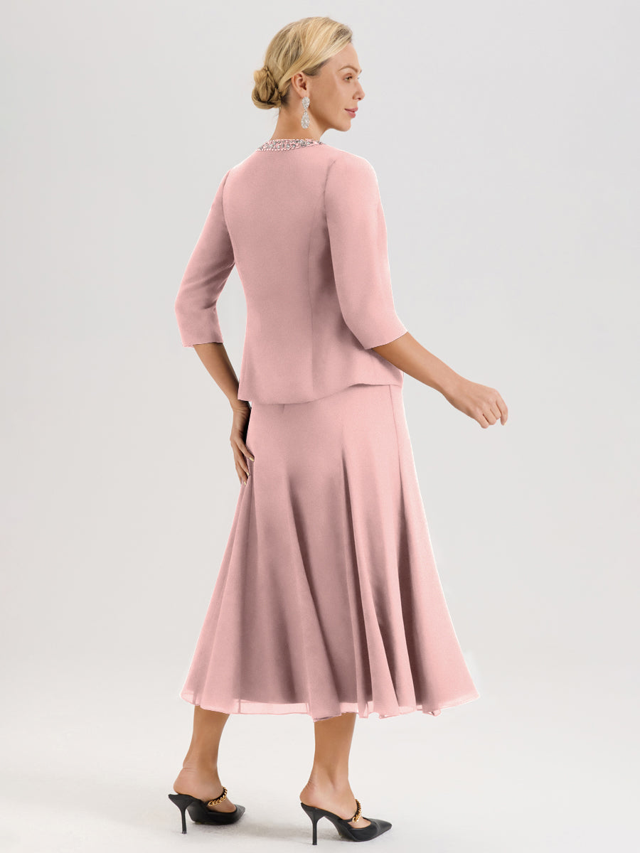 Cicinia Rose Poudré Ensemble 3 Pièces Robe Mère De La Mariée Mi-Long À Col Carré Et Manches Trois-Quarts En Mousseline