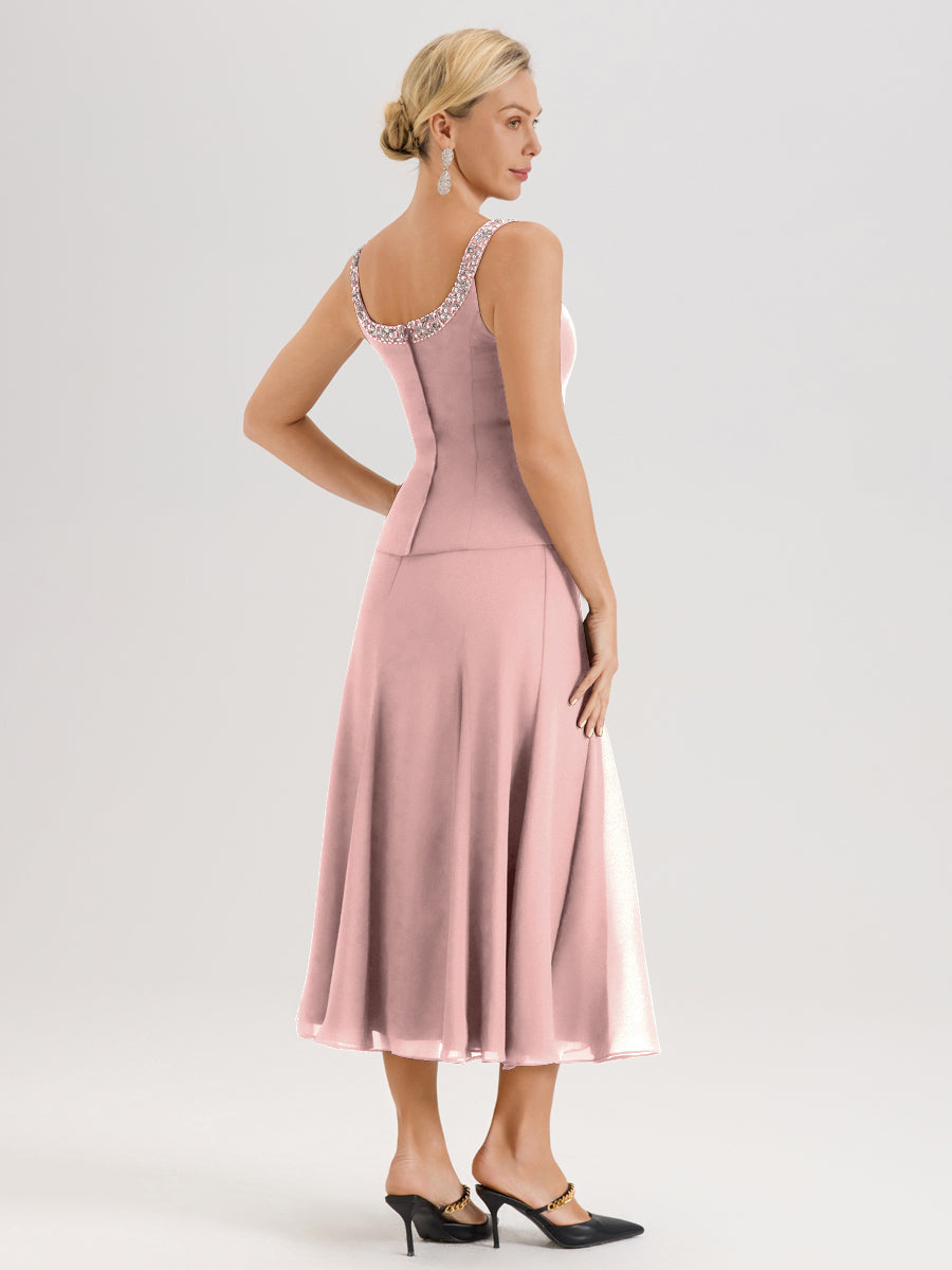 Cicinia Rose Poudré Ensemble 3 Pièces Robe Mère De La Mariée Mi-Long À Col Carré Et Manches Trois-Quarts En Mousseline