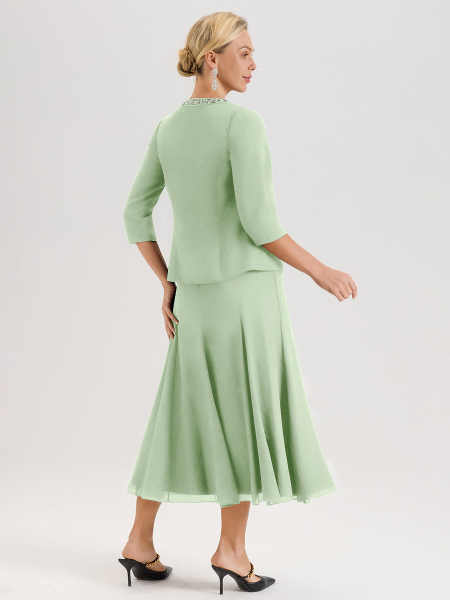 Cicinia Sauge Poudrée Ensemble 3 Pièces Robe Mère De La Mariée Mi-Long À Col Carré Et Manches Trois-Quarts En Mousseline