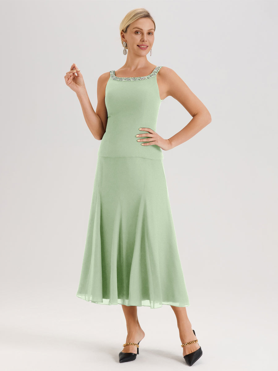 Cicinia Sauge Poudrée Ensemble 3 Pièces Robe Mère De La Mariée Mi-Long À Col Carré Et Manches Trois-Quarts En Mousseline