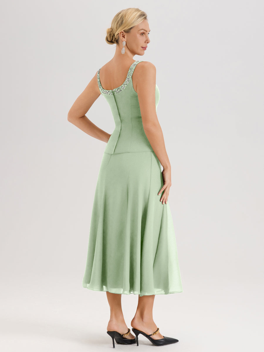 Cicinia Sauge Poudrée Ensemble 3 Pièces Robe Mère De La Mariée Mi-Long À Col Carré Et Manches Trois-Quarts En Mousseline