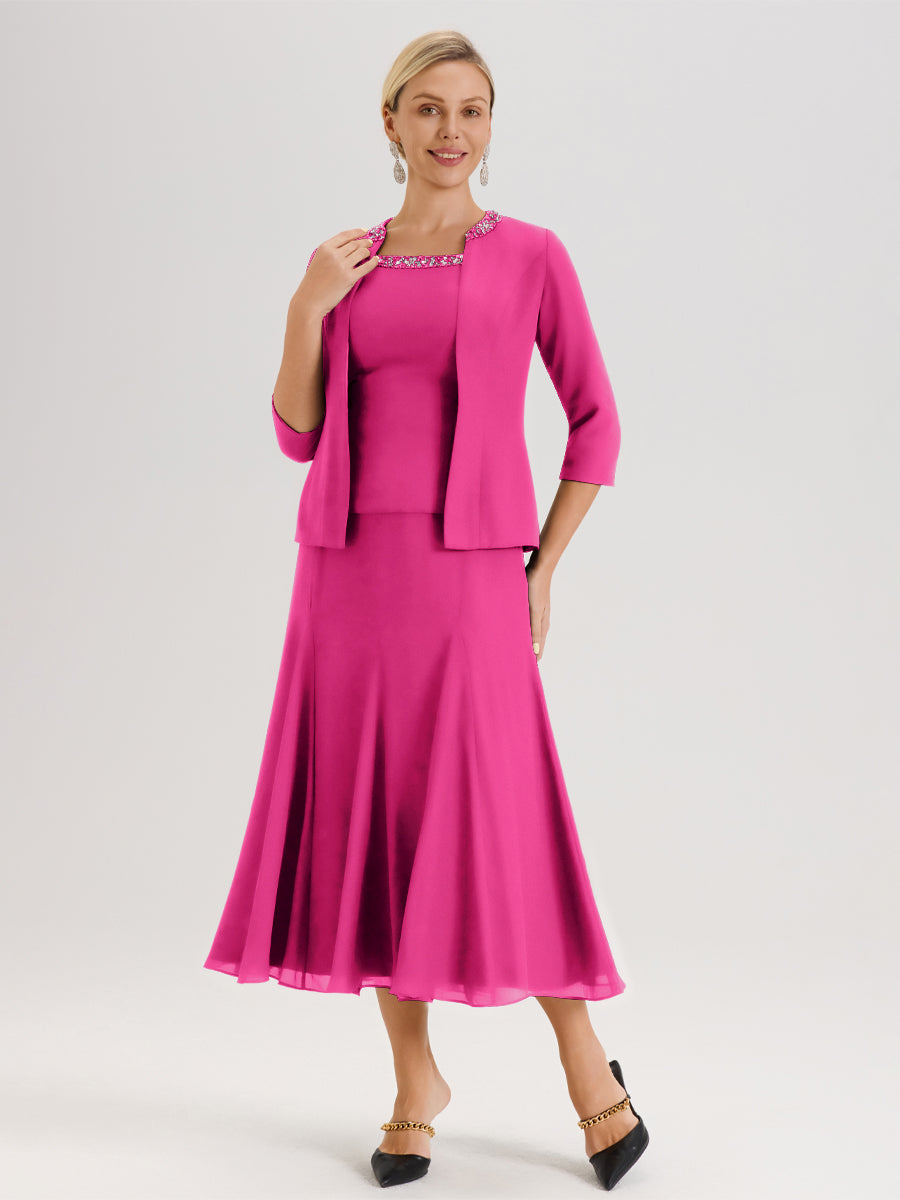 Cicinia Fuchsia Ensemble 3 Pièces Robe Mère De La Mariée Mi-Long À Col Carré Et Manches Trois-Quarts En Mousseline