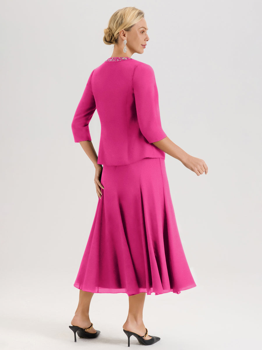 Cicinia Fuchsia Ensemble 3 Pièces Robe Mère De La Mariée Mi-Long À Col Carré Et Manches Trois-Quarts En Mousseline