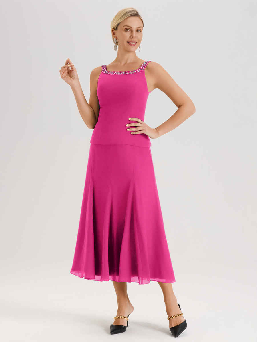 Cicinia Fuchsia Ensemble 3 Pièces Robe Mère De La Mariée Mi-Long À Col Carré Et Manches Trois-Quarts En Mousseline
