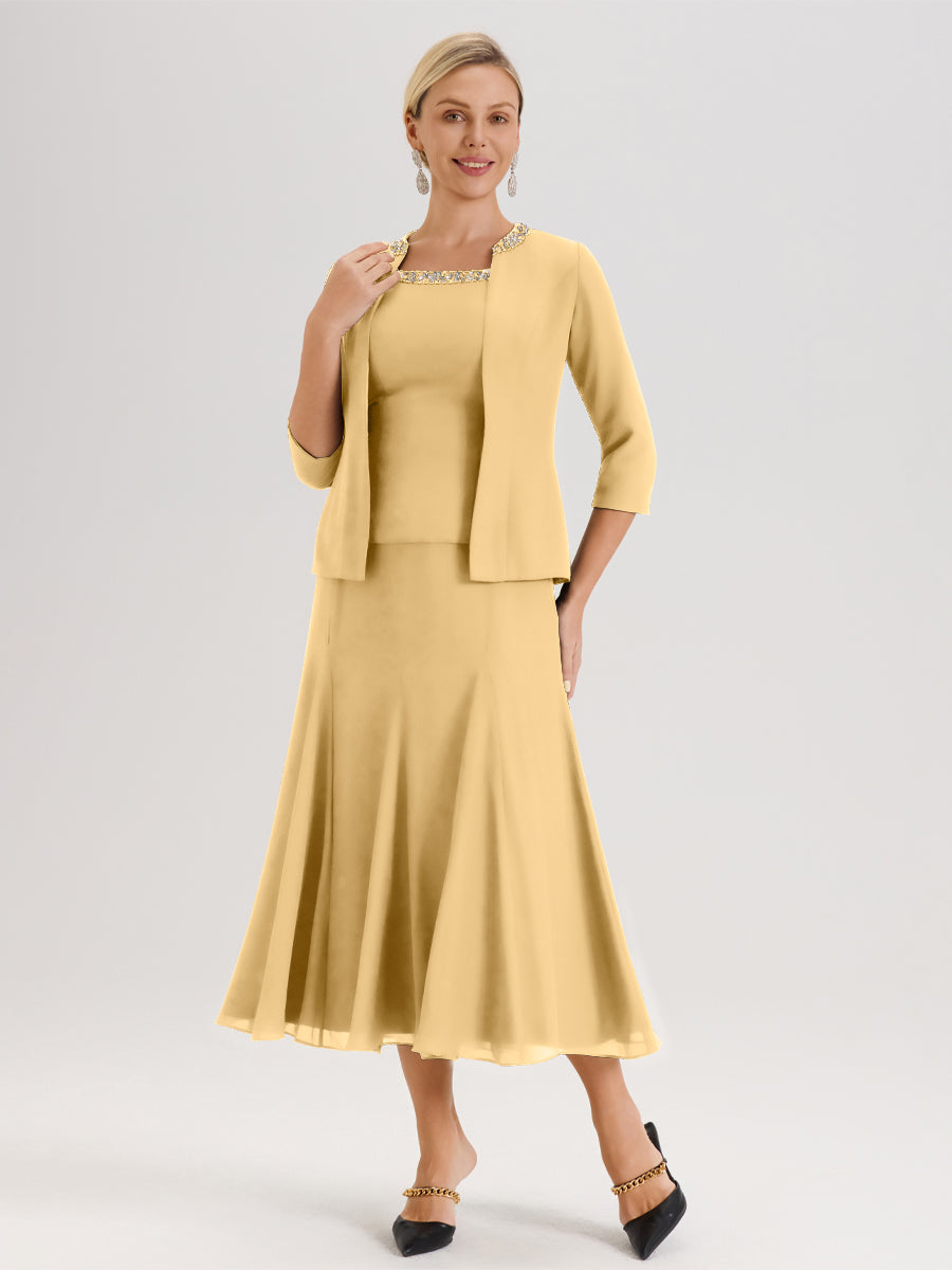 Cicinia Or Ensemble 3 Pièces Robe Mère De La Mariée Mi-Long À Col Carré Et Manches Trois-Quarts En Mousseline