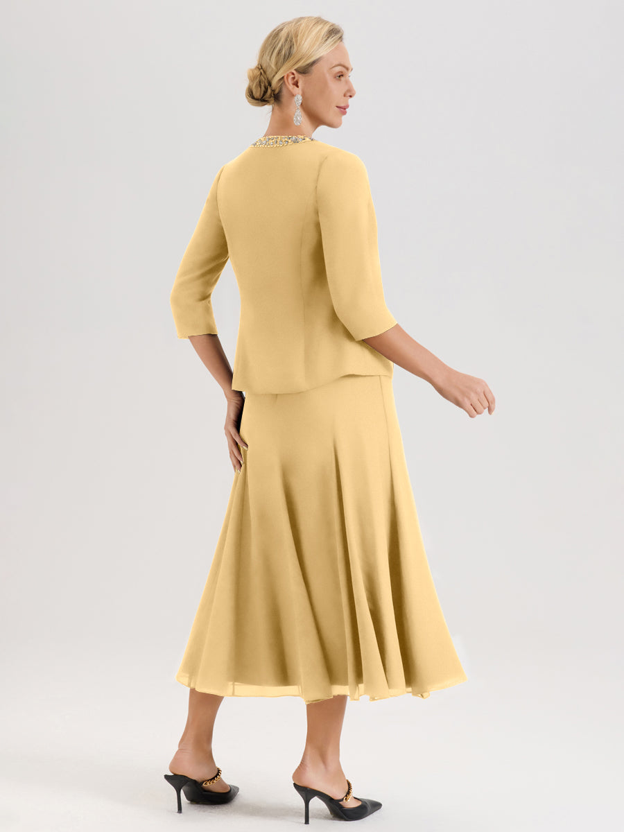 Cicinia Or Ensemble 3 Pièces Robe Mère De La Mariée Mi-Long À Col Carré Et Manches Trois-Quarts En Mousseline
