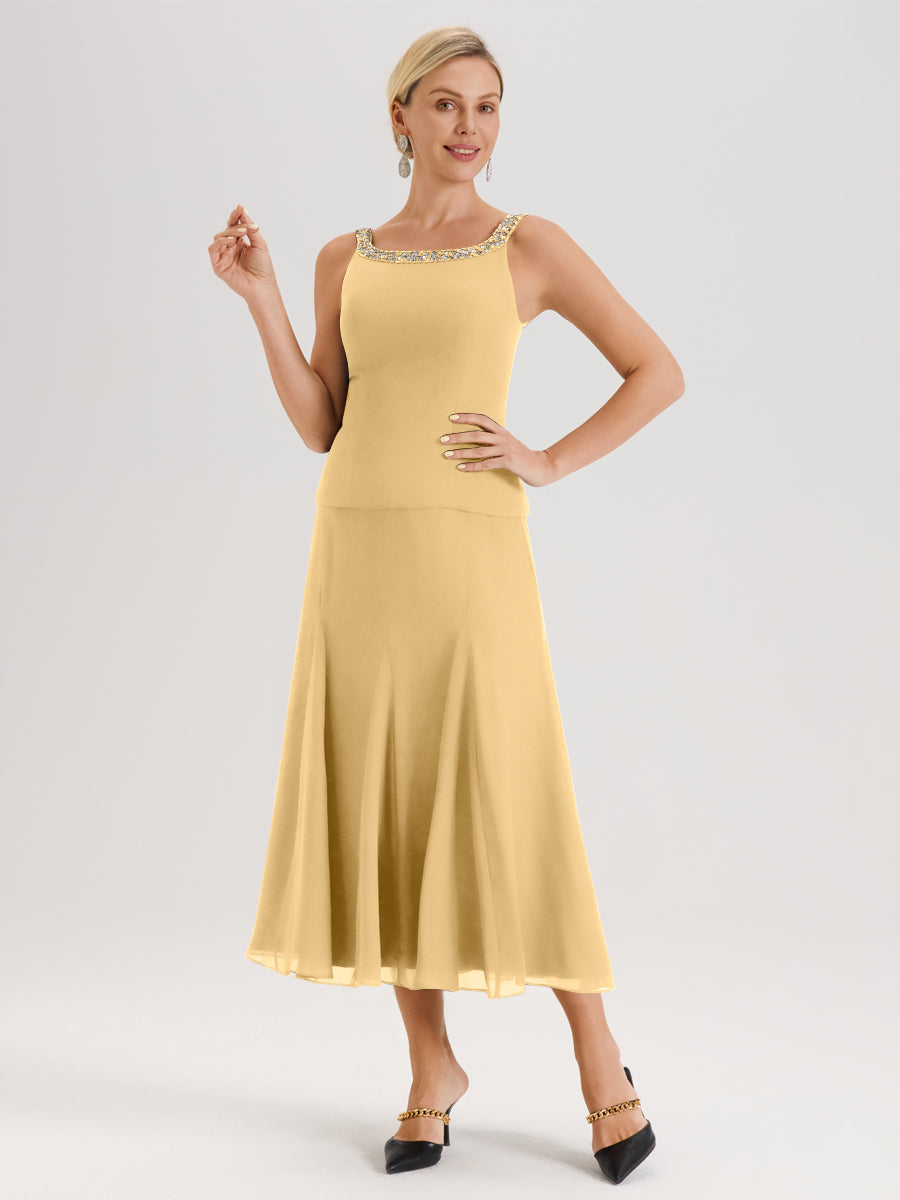 Cicinia Or Ensemble 3 Pièces Robe Mère De La Mariée Mi-Long À Col Carré Et Manches Trois-Quarts En Mousseline