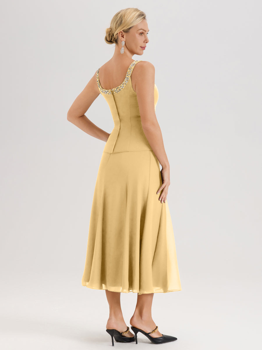 Cicinia Or Ensemble 3 Pièces Robe Mère De La Mariée Mi-Long À Col Carré Et Manches Trois-Quarts En Mousseline
