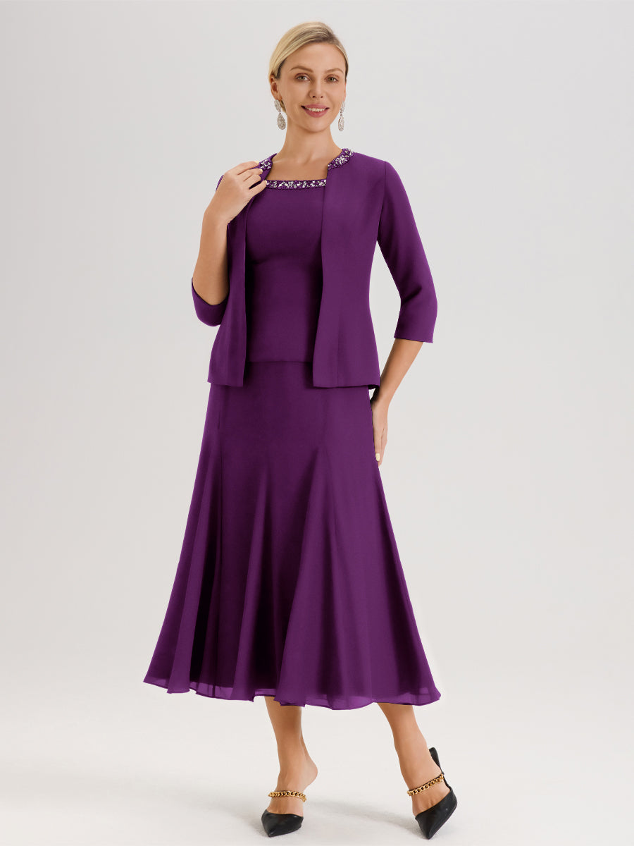 Cicinia Raisin Ensemble 3 Pièces Robe Mère De La Mariée Mi-Long À Col Carré Et Manches Trois-Quarts En Mousseline